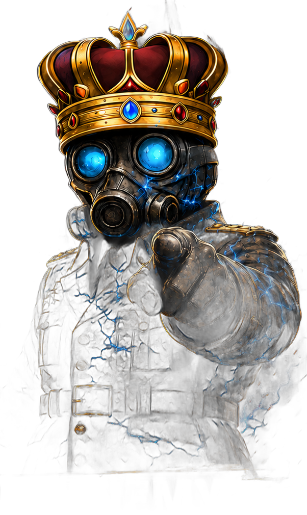 Crowned commander of Server 1967 in a gas mask, pointing forward